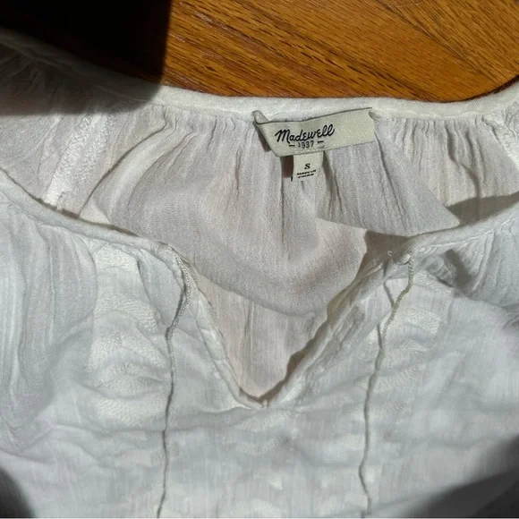 Madewell Cream Geometric Embroidered Short Sleeve Blouse‎ With Tie Tassels Small - Picture 3 of 7